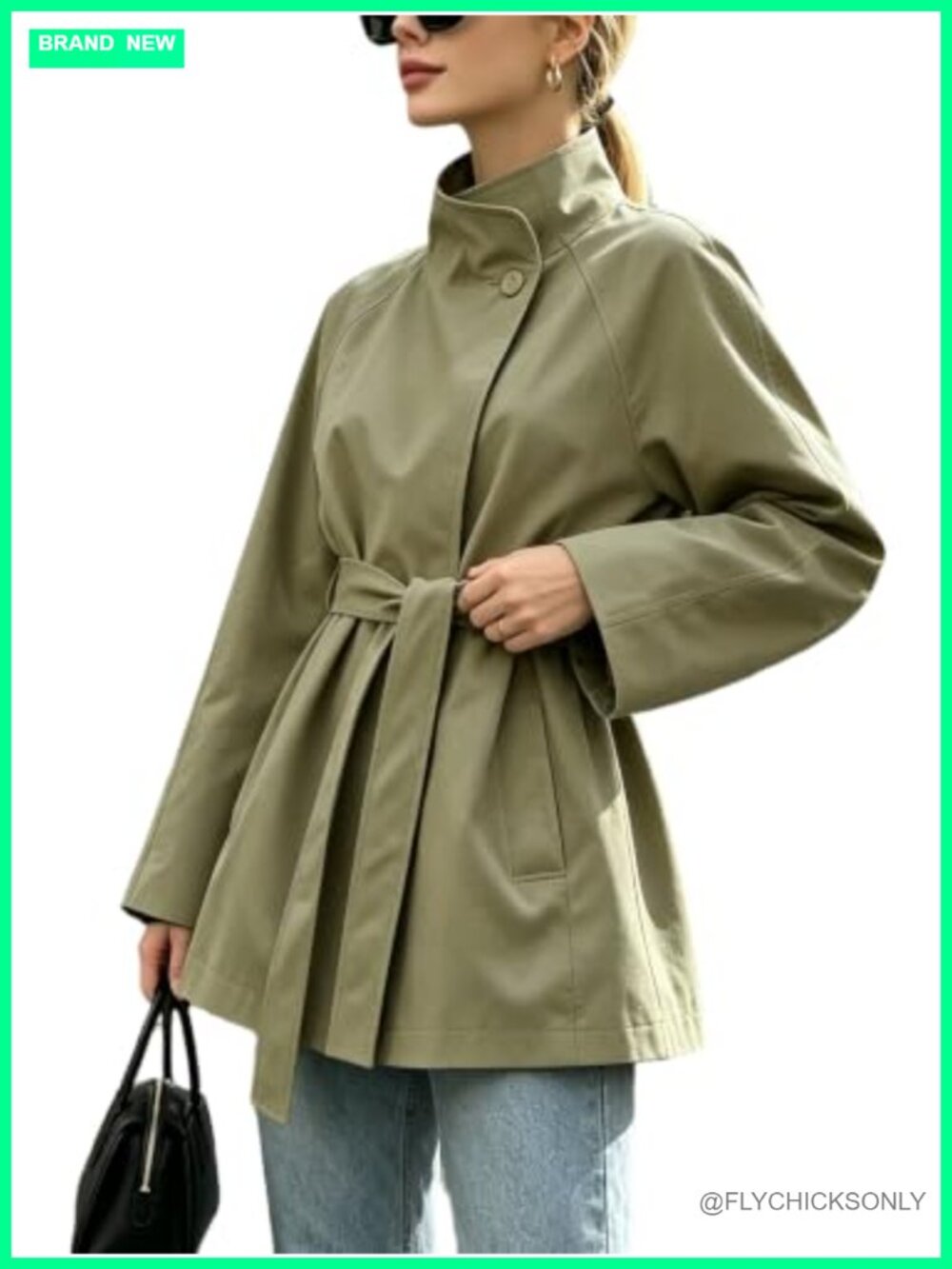 Open Front Trench Coat with Belt Stand Collar Windproof Overcoat